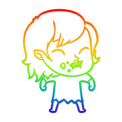 rainbow gradient line drawing cartoon vampire girl with blood on cheek