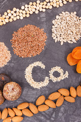 Inscription Ca with healthy eating containing calcium, vitamins and fiber