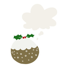cartoon christmas pudding and thought bubble in retro style