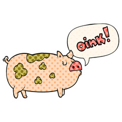 cartoon oinking pig and speech bubble in comic book style