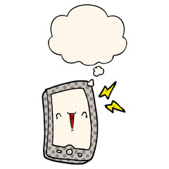 cute cartoon mobile phone and thought bubble in comic book style