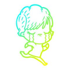 cold gradient line drawing cartoon woman crying