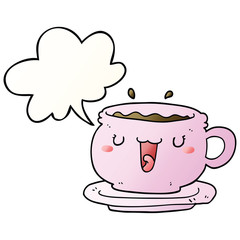 cute cartoon cup and saucer and speech bubble in smooth gradient style