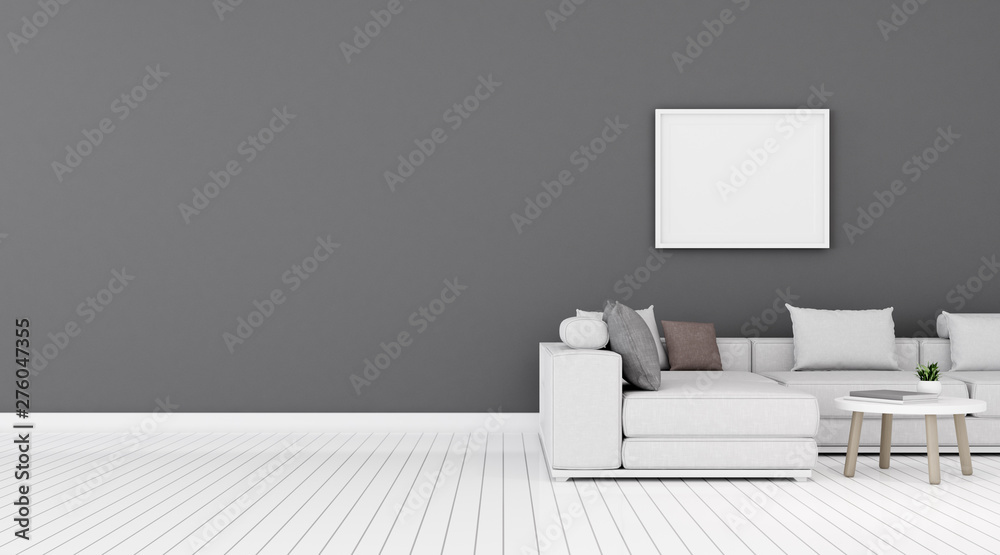 Poster view of living room space with white sofa set and picture frame on grey wall and bright laminate flo