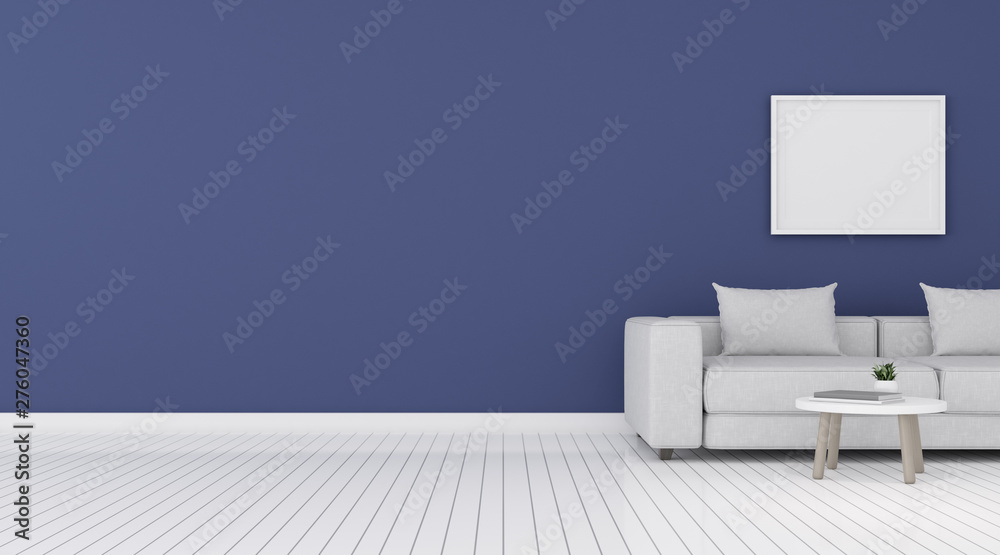 Aufkleber view of living room space with white sofa set and picture frame on blue wall and bright laminate flo