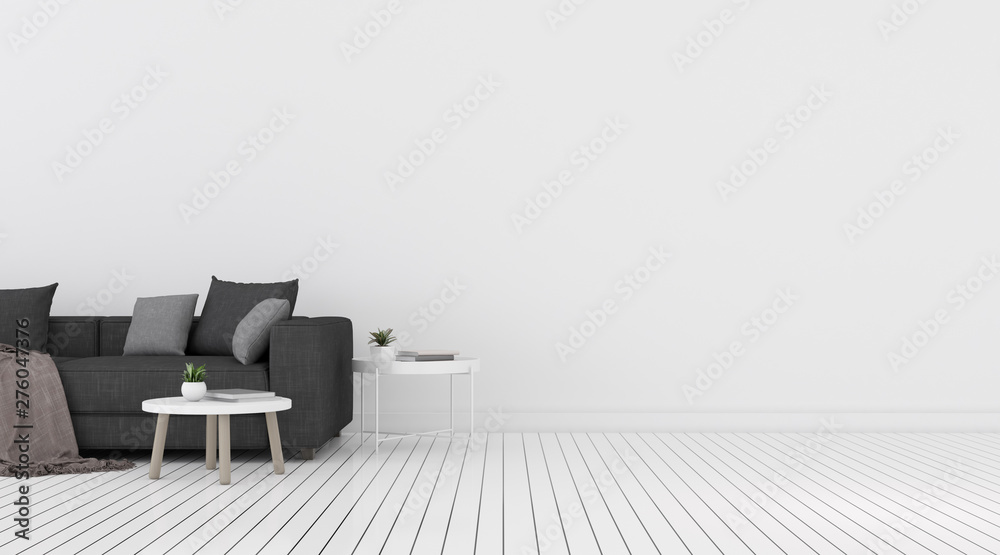 Aufkleber view of white living room in minimal style with sofa and small side table on laminate floor.perspect