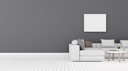 View of living room space with white sofa set and picture frame on grey wall and bright laminate floor.Perspective of minimal Interior design. 3d rendering.