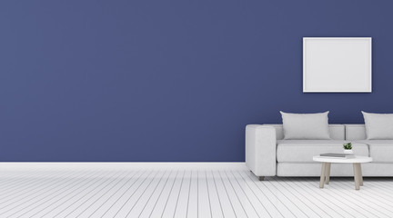 View of living room space with white sofa set and picture frame on blue wall and bright laminate...