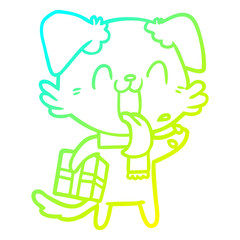 cold gradient line drawing cartoon panting dog with present
