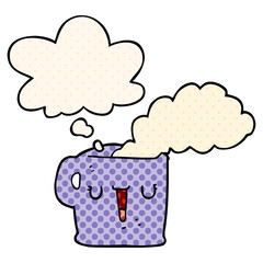 cartoon hot cup of coffee and thought bubble in comic book style