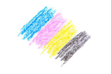 cmyk concept - crayon texture with cyan blue red magenta yellow and black drawings on white paper background