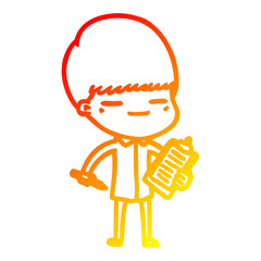 warm gradient line drawing cartoon smug boy with clip board