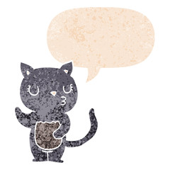 cute cartoon cat and speech bubble in retro textured style