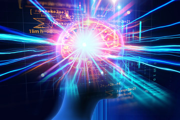 3d rendering of human  brain on programming language background