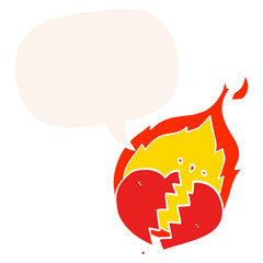 cartoon flaming heart and speech bubble in retro style