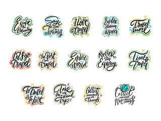 Travel and Adventure lettering set 02. Hand drawn vector illustration. Motivational quote and phrase.