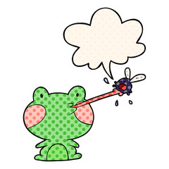 cute cartoon frog catching fly and tongue and speech bubble in comic book style
