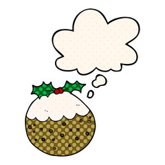cartoon christmas pudding and thought bubble in comic book style