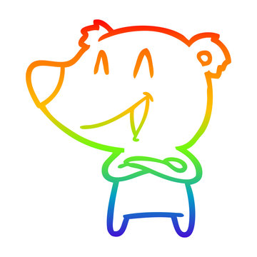 rainbow gradient line drawing laughing bear with crossed arms cartoon