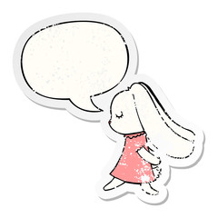cute cartoon rabbit and speech bubble distressed sticker