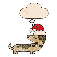 cartoon dog wearing christmas hat and thought bubble in grunge texture pattern style