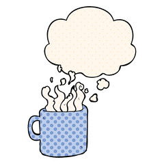 cartoon hot cup of coffee and thought bubble in comic book style
