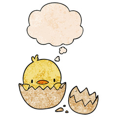 cartoon chick and thought bubble in grunge texture pattern style