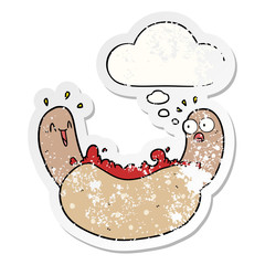 cartoon hotdog and thought bubble as a distressed worn sticker