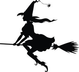 Vector illustrations of silhouette witch with hat on broom fly