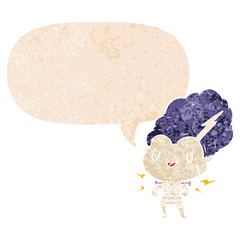 cartoon undead monster woman and speech bubble in retro textured style