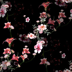 Fototapeta na wymiar Watercolor painting of leaf and flowers, seamless pattern on dark background