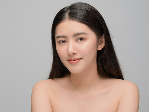 Beautiful young woman asian with clean perfect skin. Portrait model natural make up. Spa, skincare and health wellness