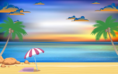Fototapeta na wymiar umbrella on the beach with landscape of sea in sunset