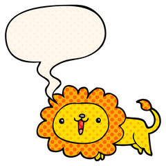 cute cartoon lion and speech bubble in comic book style