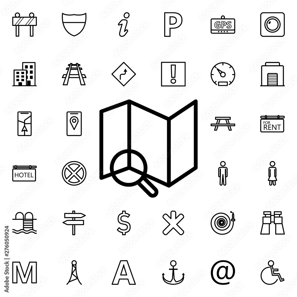 Aufkleber magnifier on the expanded map icon. universal set of navigation for website design and development, 