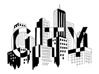 City word graphic black white cityscape skyline sketch illustration vector