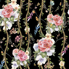 Watercolor painting of leaf and flowers, seamless pattern on dark background