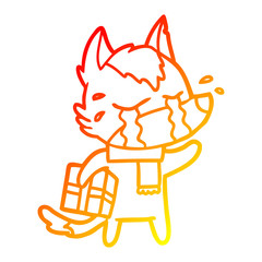 warm gradient line drawing cartoon crying wolf with christmas present