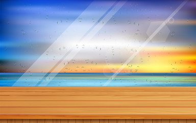 wooden table in the room on the beach in the morning