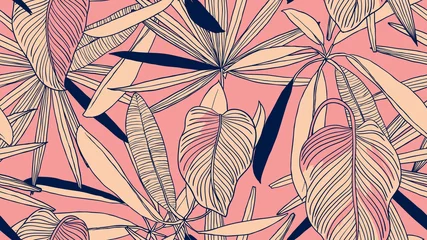 Tapeten Laub nahtloses Muster, hellorange Blätter auf rosa Hintergrund, Strichzeichnungen im Vintage-Stil © momosama