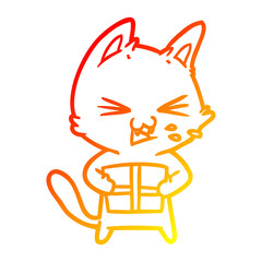 warm gradient line drawing cartoon hissing cat with christmas present