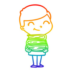 rainbow gradient line drawing cartoon boy with books smiling