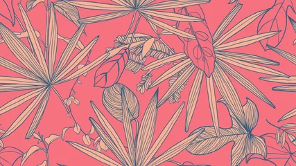 Poster Foliage seamless pattern, light orange leaves on pink background, line art ink drawing vintage style © momosama