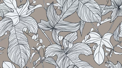 Poster Foliage seamless pattern, light blue leaves on brown background, line art ink drawing vintage style © momosama