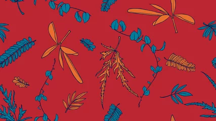 Muurstickers Foliage seamless pattern, green and orange leaves on red background, line art ink drawing vintage style © momosama