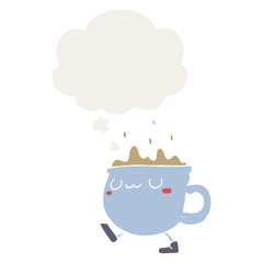 cartoon coffee cup walking and thought bubble in retro style