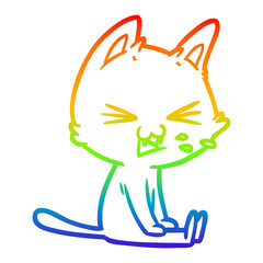 rainbow gradient line drawing cartoon sitting cat hissing