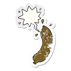 happy cartoon sausage and speech bubble distressed sticker