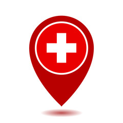 Obraz premium Map Pointer Icon With Cross, First Aid Sign.