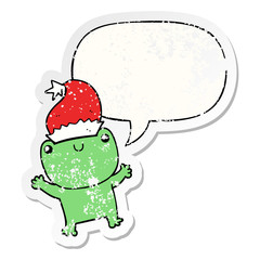 cute cartoon frog wearing christmas hat and speech bubble distressed sticker